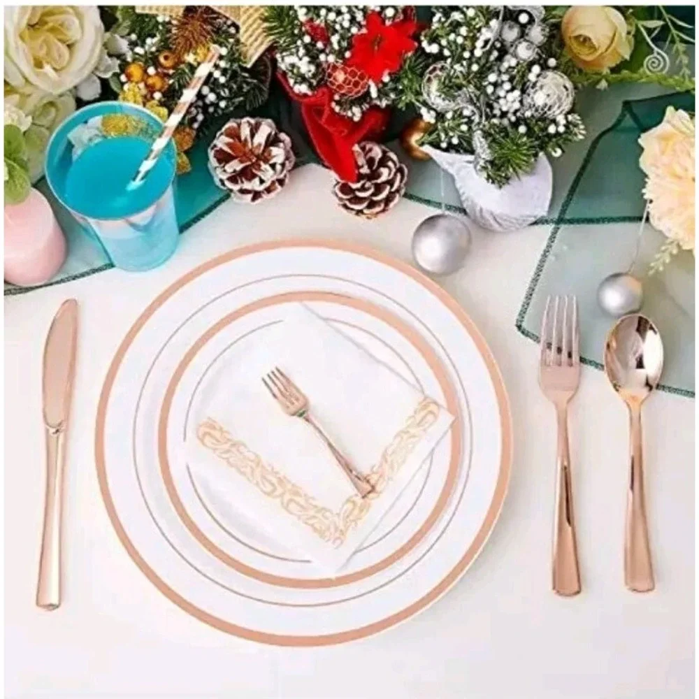250 Count Rose Gold Disposable Plastic Dinnerware Set, Plates, Silverware, Cups.